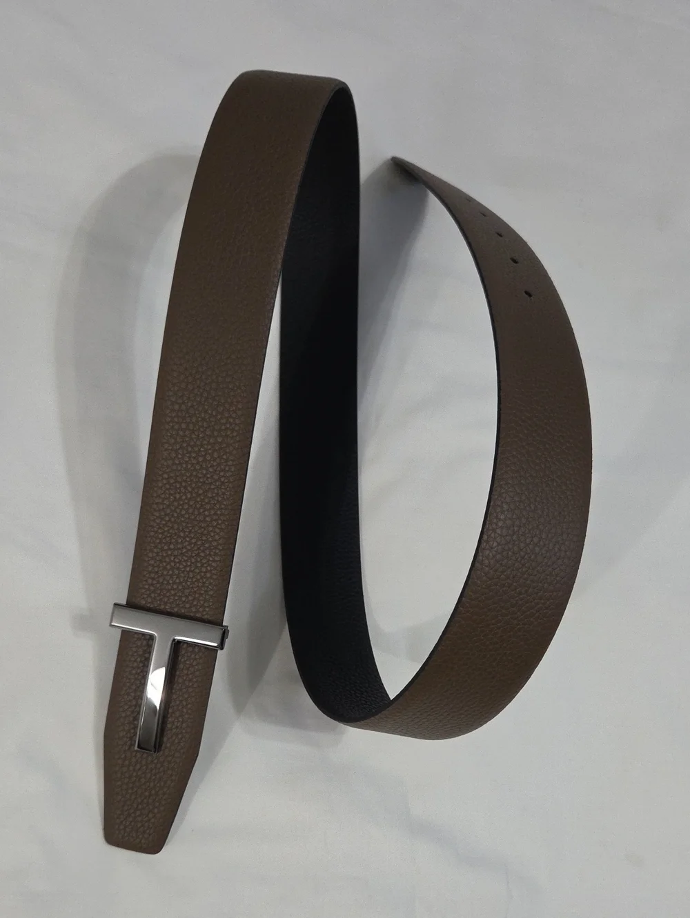 Tom Ford Black & Brown Leather Belt with Black Chrome T Accent